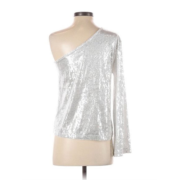 Size Small Lea & Viola‎ One Shoulder Sequin Top Party Silver Metallic New Year's - Picture 3 of 7